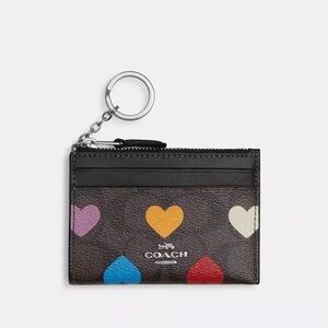 Coach Black Leather Card Case Key Ring with Multicolor Hearts